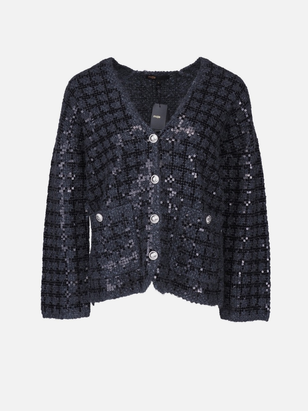 Maje Gray Sequin Tweed Cardigan